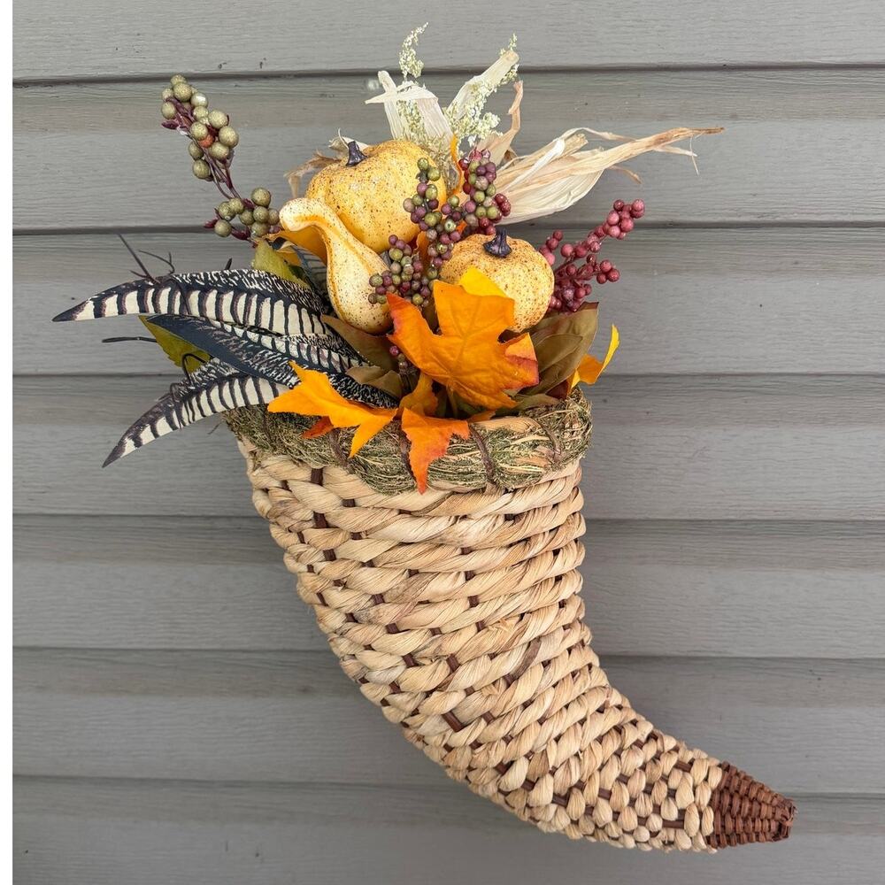 Fall Woven Cornucopia Floral Hanging Wall Basket/Table Centerpiece Autumn Rustic